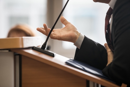 Lawyer speaking on the court stand